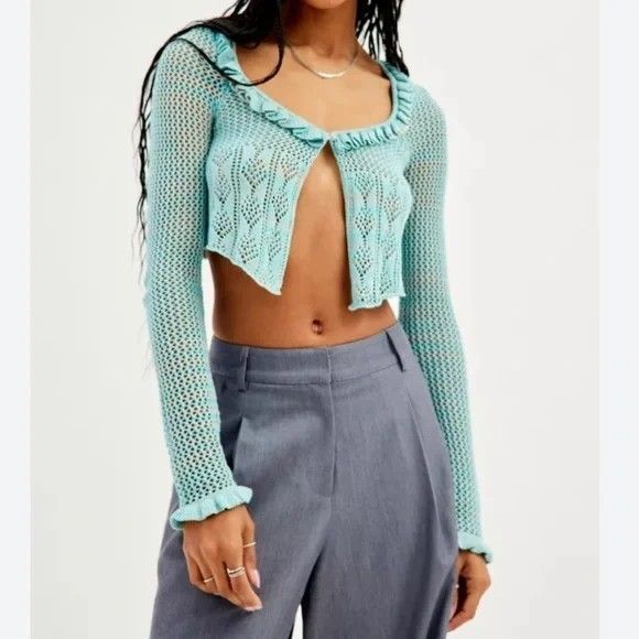 Urban Outfitters Lily Open-Knit Flyaway Crop Cardigan Small Crochet Y2K Babydoll - Picture 3 of 16